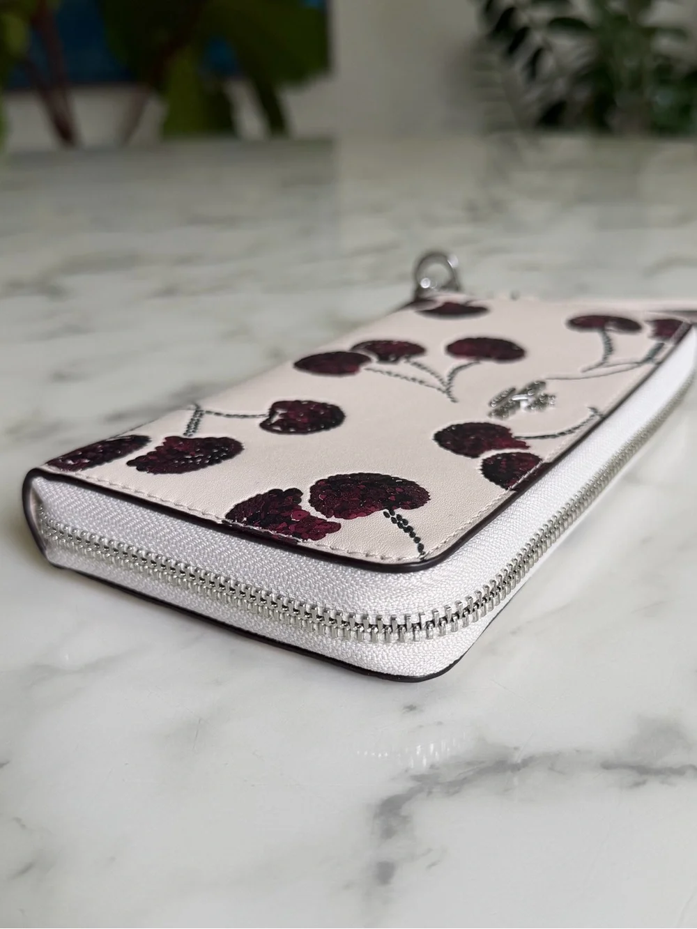 NWT Coach Long Zip Around Wallet With Cherry Print Chalk Leather CDE92